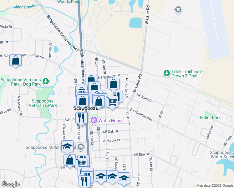 map of restaurants, bars, coffee shops, grocery stores, and more near 52608 Northeast Sawyer Street in Scappoose