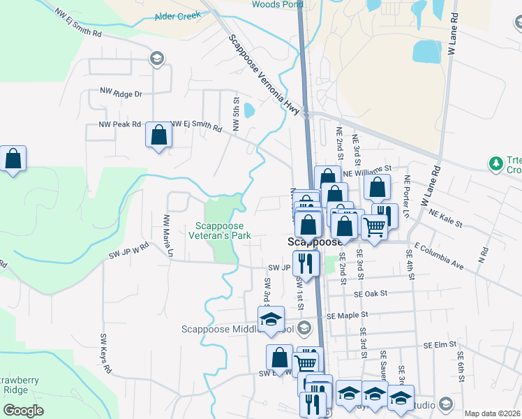 map of restaurants, bars, coffee shops, grocery stores, and more near 33014 Northwest Meersburg Street in Scappoose