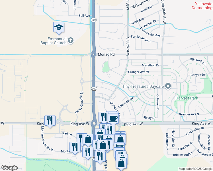 map of restaurants, bars, coffee shops, grocery stores, and more near 3920 Decathlon Parkway in Billings