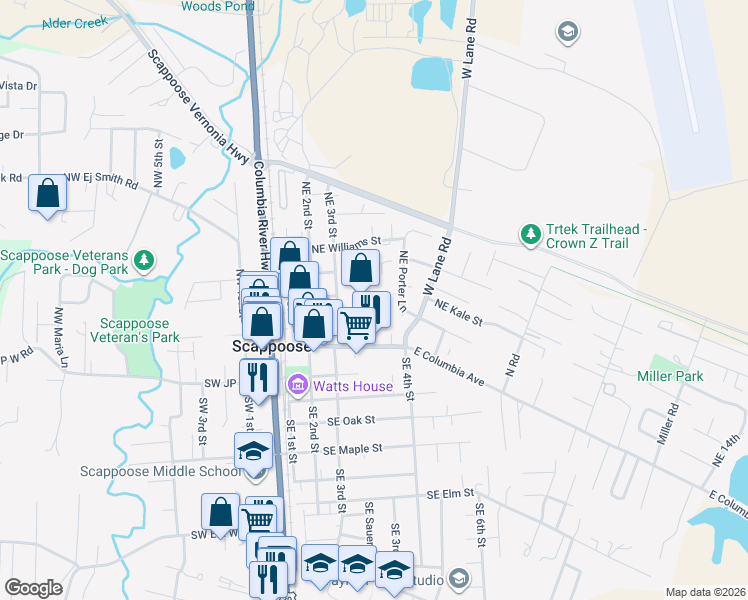 map of restaurants, bars, coffee shops, grocery stores, and more near 52588 Northeast Sawyer Street in Scappoose