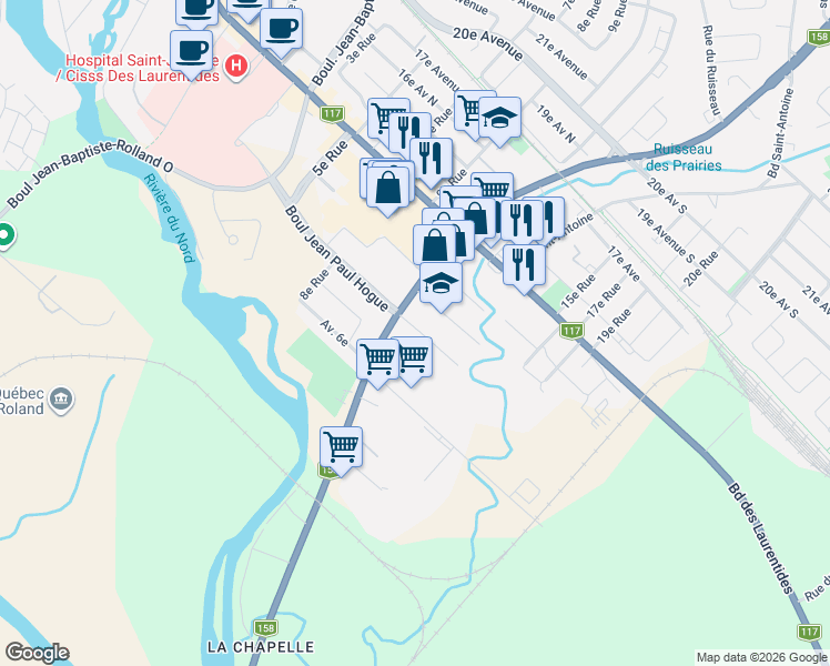 map of restaurants, bars, coffee shops, grocery stores, and more near 638 8e Avenue in Saint-Jérôme