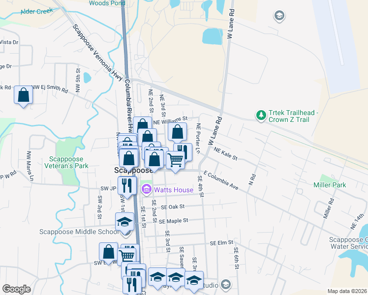 map of restaurants, bars, coffee shops, grocery stores, and more near 52588 Northeast Sawyer Street in Scappoose
