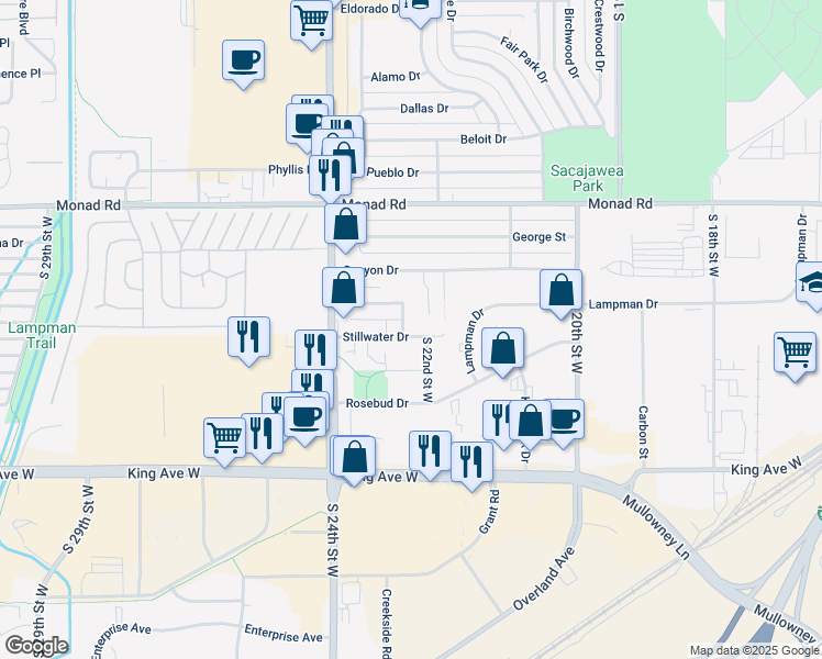 map of restaurants, bars, coffee shops, grocery stores, and more near 2227 Stillwater Drive in Billings