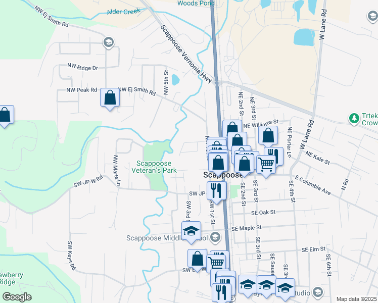 map of restaurants, bars, coffee shops, grocery stores, and more near 33028 Northwest Meersburg Street in Scappoose