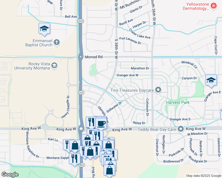 map of restaurants, bars, coffee shops, grocery stores, and more near 3772 Gymnast Way in Billings