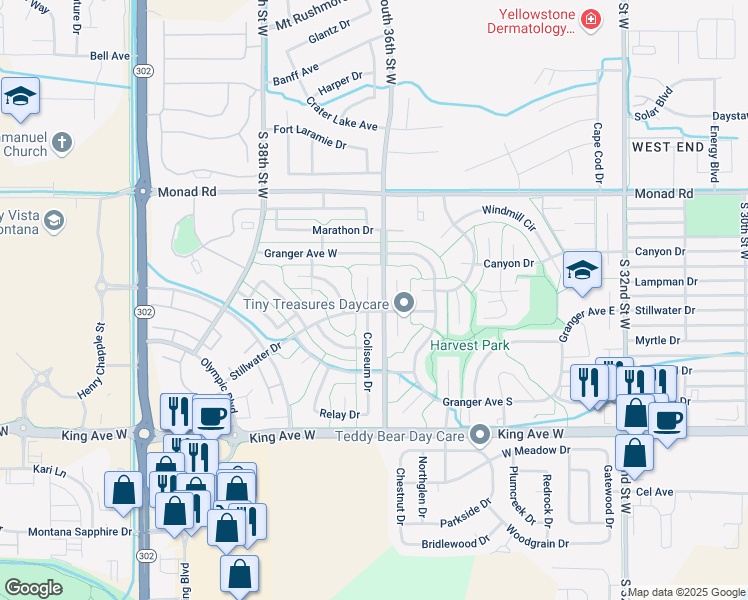 map of restaurants, bars, coffee shops, grocery stores, and more near 573 Coliseum Drive in Billings