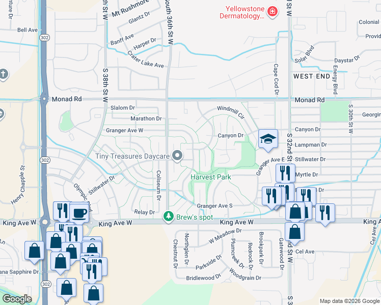 map of restaurants, bars, coffee shops, grocery stores, and more near 3567-3571 Granger Avenue West in Billings