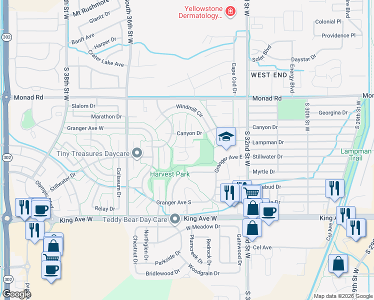 map of restaurants, bars, coffee shops, grocery stores, and more near Unnamed Road in Billings