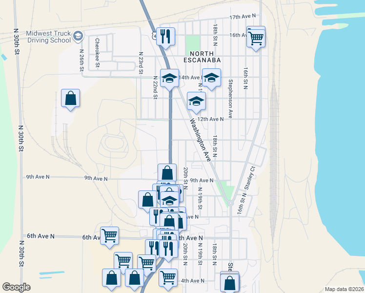 map of restaurants, bars, coffee shops, grocery stores, and more near 1007-1035 20th Street North in Escanaba