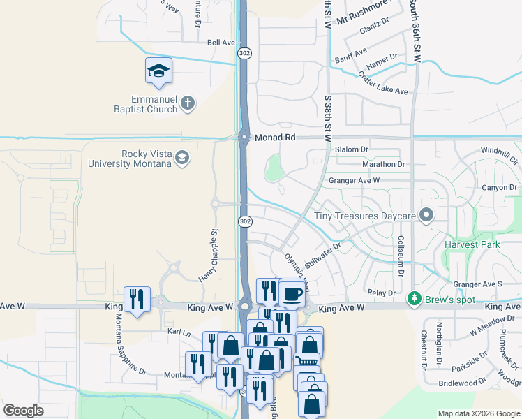 map of restaurants, bars, coffee shops, grocery stores, and more near 626 South 38th Street West in Billings