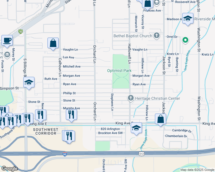 map of restaurants, bars, coffee shops, grocery stores, and more near 4312 Ryan Avenue in Billings