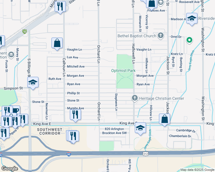 map of restaurants, bars, coffee shops, grocery stores, and more near 4312 Ryan Avenue in Billings