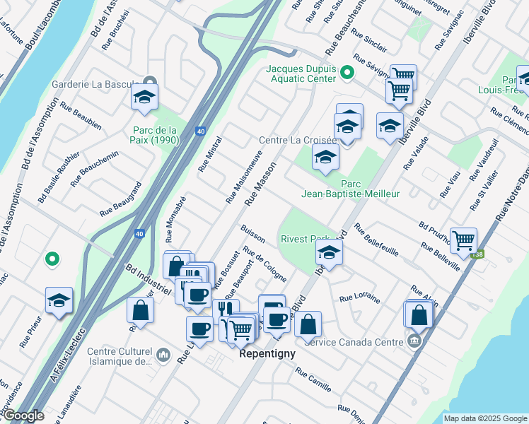 map of restaurants, bars, coffee shops, grocery stores, and more near 674 Rue Masson in Repentigny