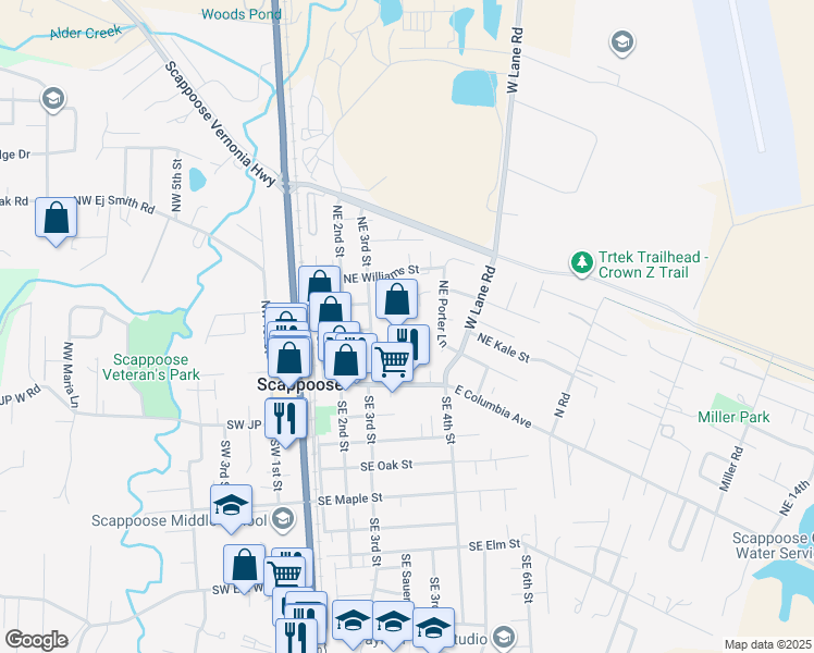 map of restaurants, bars, coffee shops, grocery stores, and more near 52628 Northeast Sawyer Street in Scappoose