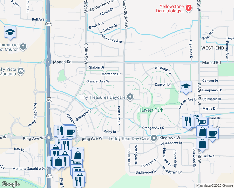 map of restaurants, bars, coffee shops, grocery stores, and more near 3601 Stillwater Drive in Billings