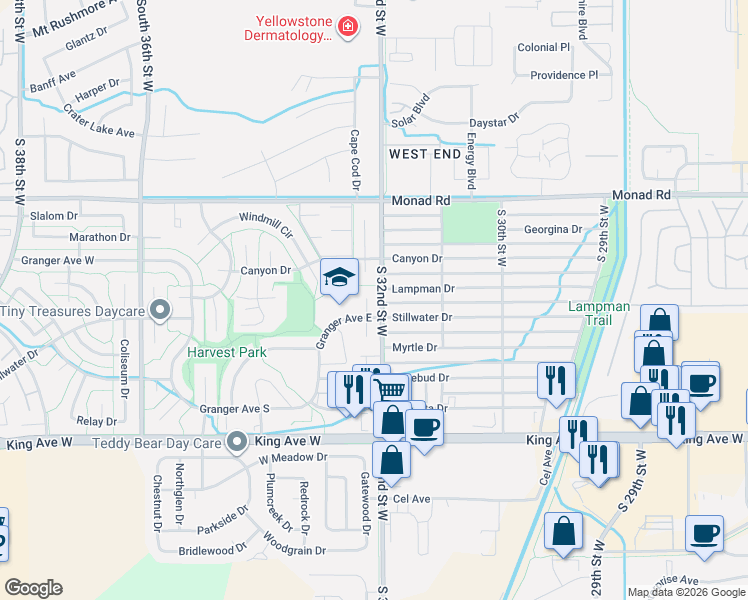 map of restaurants, bars, coffee shops, grocery stores, and more near 566-612 South 32nd Street West in Billings
