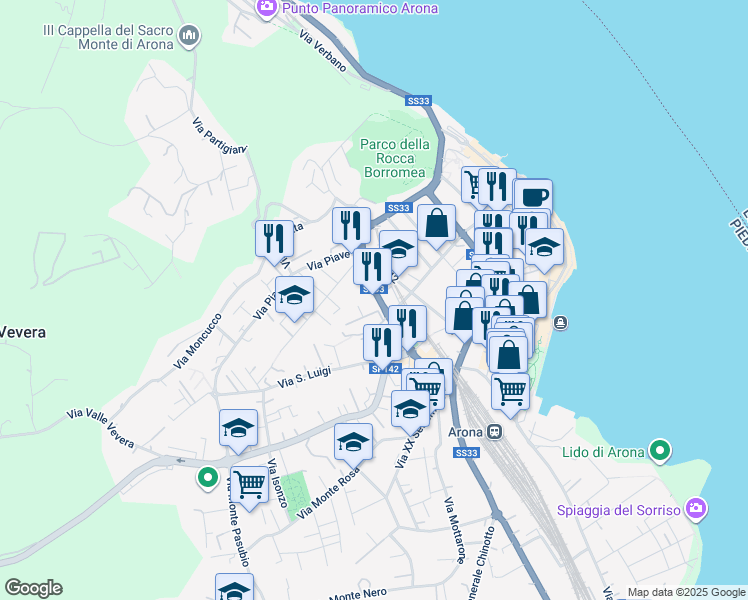 map of restaurants, bars, coffee shops, grocery stores, and more near 10 Via Filippo Turati in Arona
