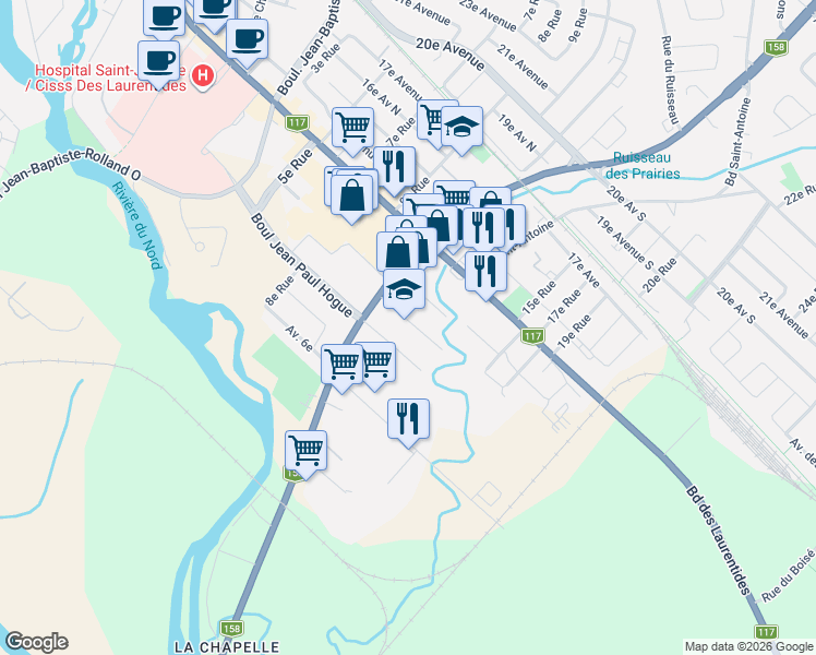 map of restaurants, bars, coffee shops, grocery stores, and more near 662 9e Av Nord in Saint-Jérôme