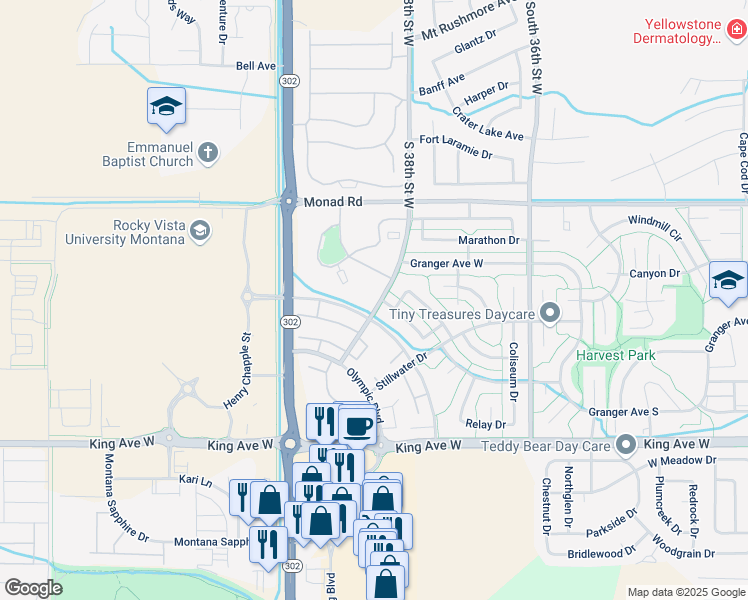 map of restaurants, bars, coffee shops, grocery stores, and more near 3772 Gymnast Way in Billings