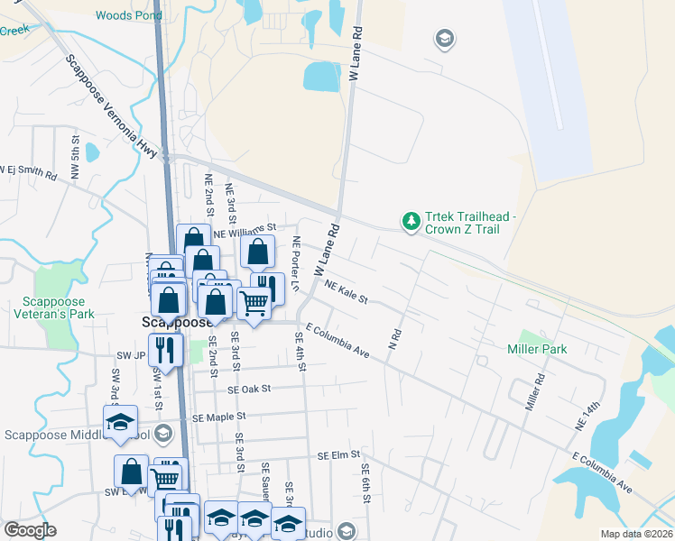 map of restaurants, bars, coffee shops, grocery stores, and more near 33816 Northeast Kale Street in Scappoose