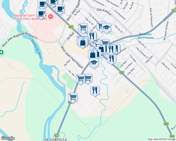 map of restaurants, bars, coffee shops, grocery stores, and more near 627 8e Avenue in Saint-Jérôme