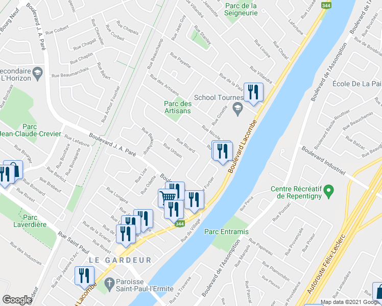 map of restaurants, bars, coffee shops, grocery stores, and more near 86 Rue Ricard in Repentigny