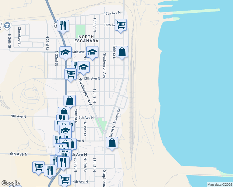map of restaurants, bars, coffee shops, grocery stores, and more near 1001-1021 County Road 426 in Escanaba