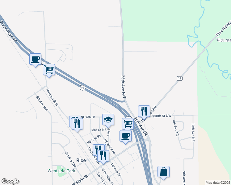 map of restaurants, bars, coffee shops, grocery stores, and more near 13265 25th Avenue Northeast in Rice