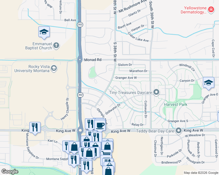 map of restaurants, bars, coffee shops, grocery stores, and more near 3772 Gymnast Way in Billings