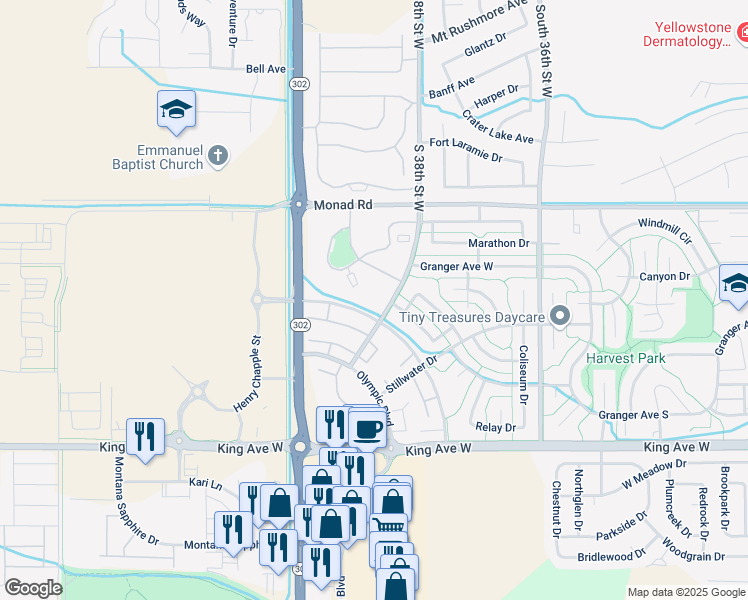 map of restaurants, bars, coffee shops, grocery stores, and more near 3920 Decathlon Parkway in Billings