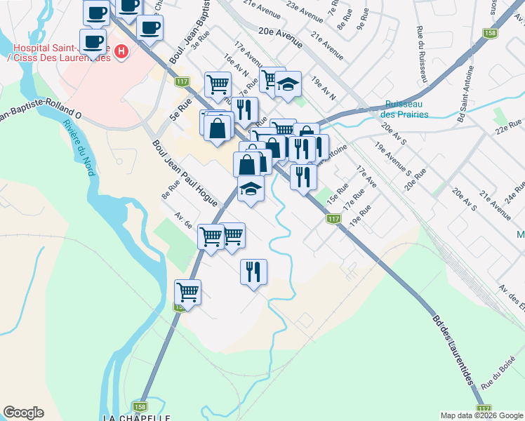 map of restaurants, bars, coffee shops, grocery stores, and more near 683 9e Avenue in Saint-Jérôme