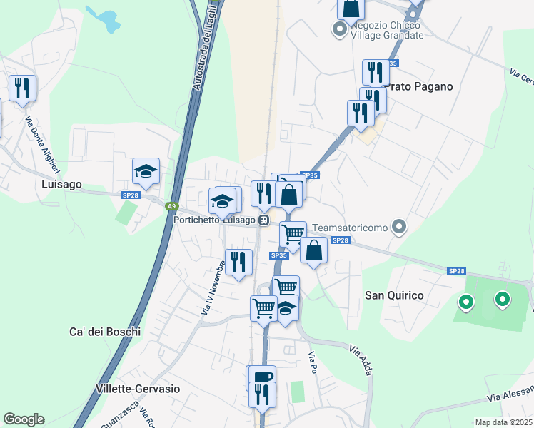 map of restaurants, bars, coffee shops, grocery stores, and more near 11 Via Roma in Luisago