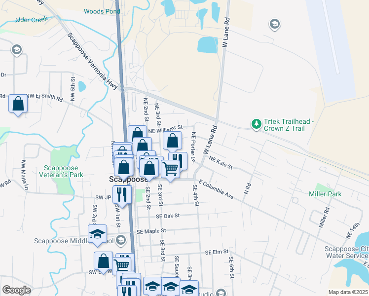 map of restaurants, bars, coffee shops, grocery stores, and more near 52632 Northeast Sawyer Street in Scappoose