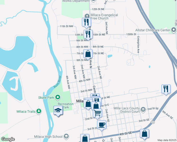 map of restaurants, bars, coffee shops, grocery stores, and more near 415 Central Avenue North in Milaca