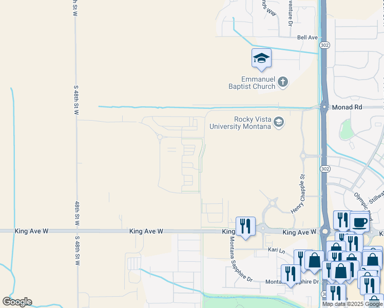 map of restaurants, bars, coffee shops, grocery stores, and more near 610 South 44th Street West in Billings