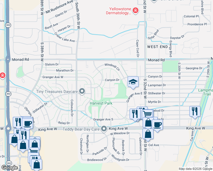 map of restaurants, bars, coffee shops, grocery stores, and more near Unnamed Road in Billings