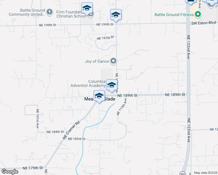 map of restaurants, bars, coffee shops, grocery stores, and more near 1110 Northeast 189th Street in Battle Ground