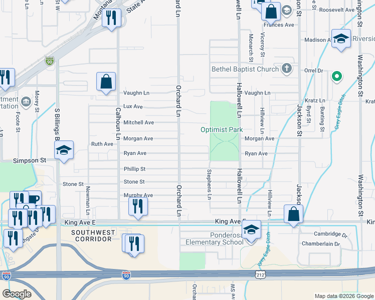 map of restaurants, bars, coffee shops, grocery stores, and more near 4342 Ryan Avenue in Billings