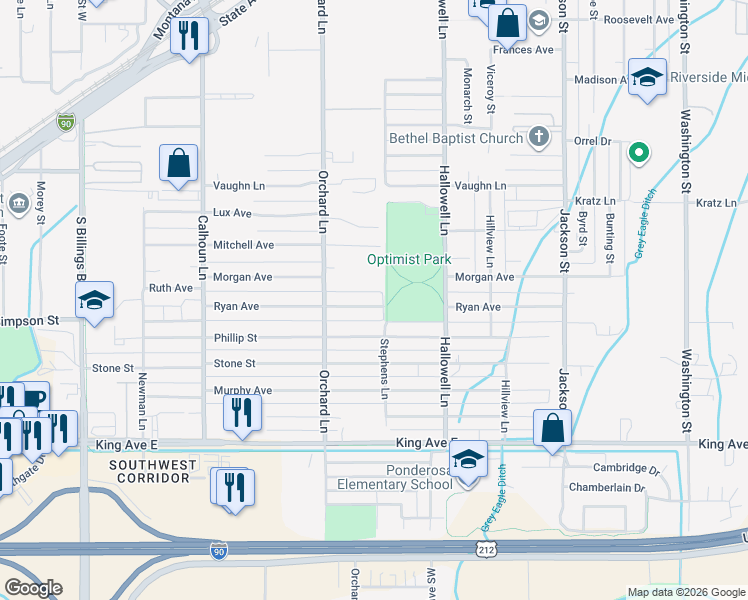map of restaurants, bars, coffee shops, grocery stores, and more near 4305 Ryan Avenue in Billings