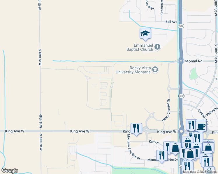 map of restaurants, bars, coffee shops, grocery stores, and more near 610 South 44th Street West in Billings