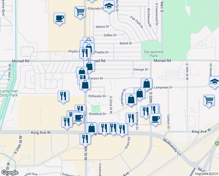 map of restaurants, bars, coffee shops, grocery stores, and more near 2227 Stillwater Drive in Billings