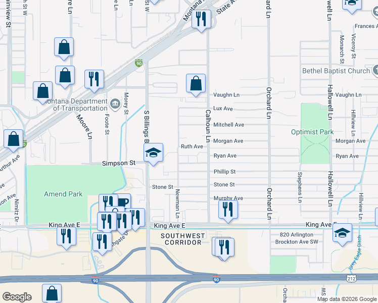 map of restaurants, bars, coffee shops, grocery stores, and more near 4666-4698 Simpson St in Billings
