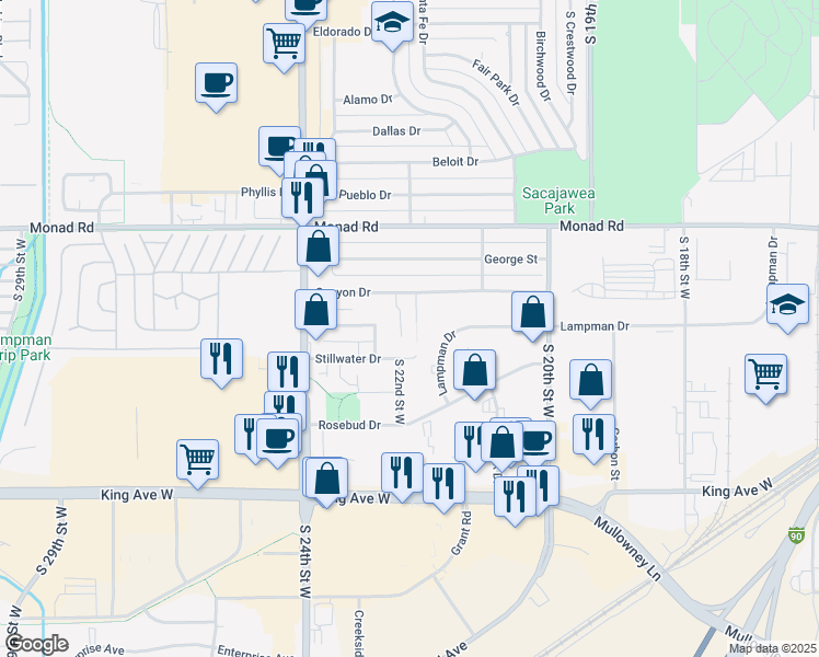 map of restaurants, bars, coffee shops, grocery stores, and more near 519 Winter Park Drive in Billings