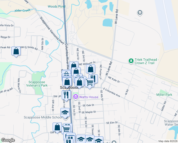 map of restaurants, bars, coffee shops, grocery stores, and more near 52659 Northeast Sawyer Street in Scappoose
