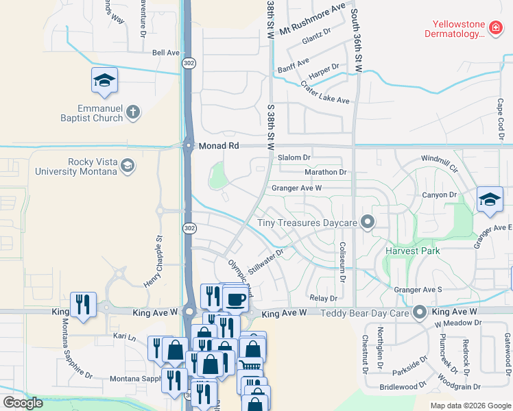 map of restaurants, bars, coffee shops, grocery stores, and more near 3772 Gymnast Way in Billings