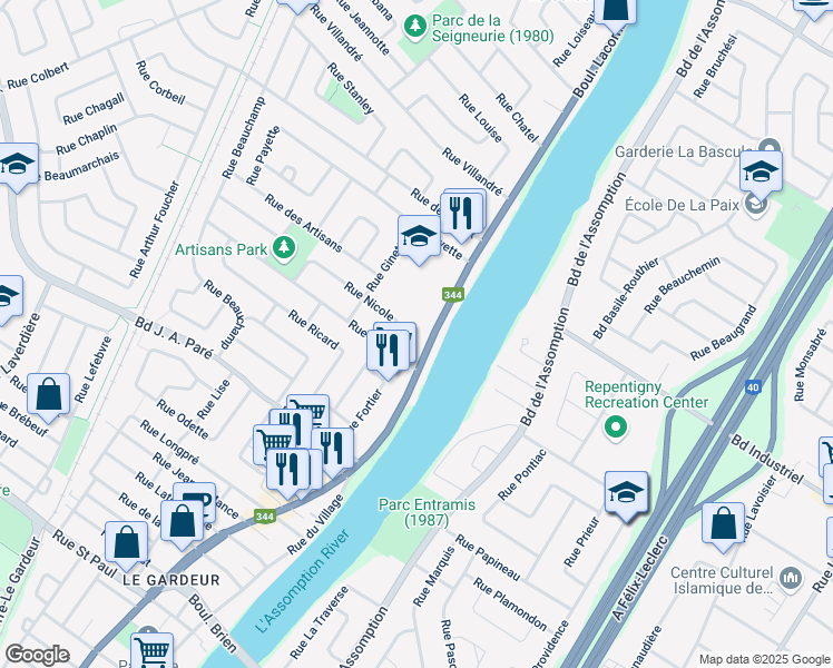 map of restaurants, bars, coffee shops, grocery stores, and more near 559 Boulevard Lacombe in Repentigny
