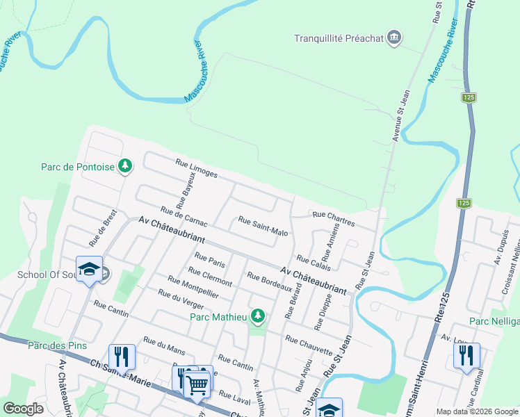 map of restaurants, bars, coffee shops, grocery stores, and more near Rue Saint-Étienne in Mascouche