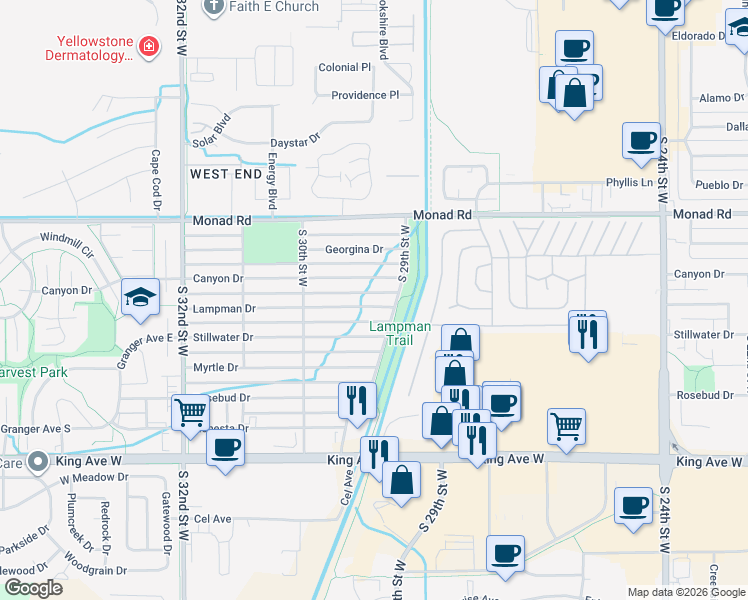 map of restaurants, bars, coffee shops, grocery stores, and more near 2916 Canyon Dr in Billings