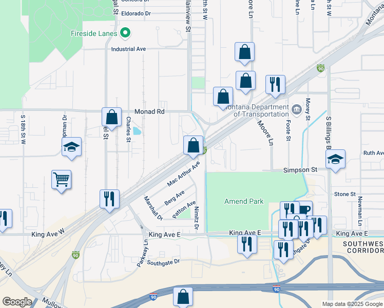 map of restaurants, bars, coffee shops, grocery stores, and more near 5223 Laurel Road in Billings