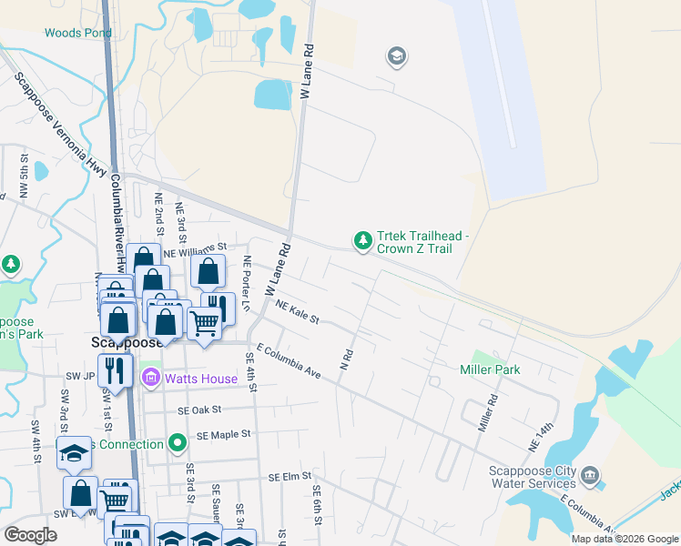 map of restaurants, bars, coffee shops, grocery stores, and more near 52712 Roundhouse Lane in Scappoose